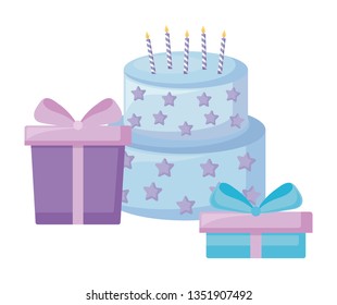 sweet cake with candles and gifts boxes