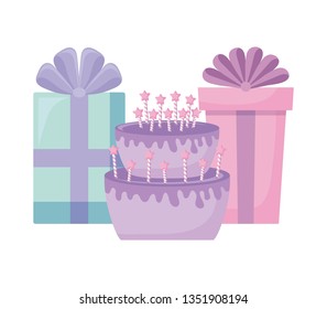 sweet cake with candles and gifts boxes