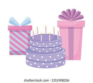 sweet cake with candles and gifts boxes