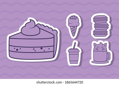sweet cake and candy icon set over purple background, line style, vector illustration
