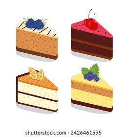 Sweet Cake and Cheesecake Pieces Isolated. Cute Cartoon Yummy Desserts. Vector Illustration of Delicious Tasty Cakes.