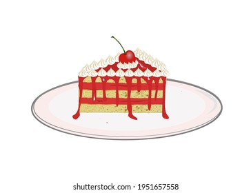 Sweet Cake with cherry with cream and jam strawberry on plate.Isolate on white background.Bakery design. Copy space for your text.