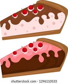 Sweet cake with cherry. Vector icon of sweet cake with jelly and souffle layers and raspberry jam. Set of cakes.