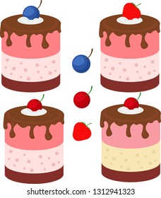 Sweet cake with cherry. Vector icon of sweet cake with jelly and souffle layers and raspberry jam. Set of four cakes.