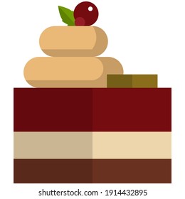 Pastel dulce con chocolate acristalado y baya de cerezo encima. Ilustración del postre vectorial. Pastelería y repostería aislada en el fondo blanco