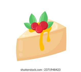 Sweet cake concept. Dessert and delicacy. Pie slice with cherries and jam. Bakery and pastry for party. Graphic element for website. Cartoon flat vector illustration isolated on white background