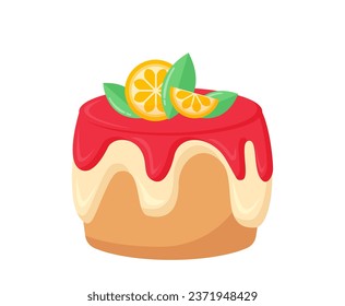 Sweet cake concept. Dessert and delicacy for holiday and festival. Bun in jam and glaze with lemon slices. Bakery and pastry product. Cartoon flat vector illustration isolated on white background