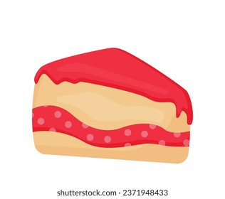 Sweet cake concept. Dessert and delicacy for holiday and festival. Piece of pie with strawberry or cherry jam. Social media sticker. Cartoon flat vector illustration isolated on white background