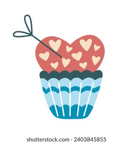 Sweet cake with cream clip art. Hand drawn cupcake in shape of heart. Romantic delicious pie with hearts and confetti, isolated vector illustration