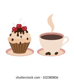 Sweet cake and cup on a light background, vector