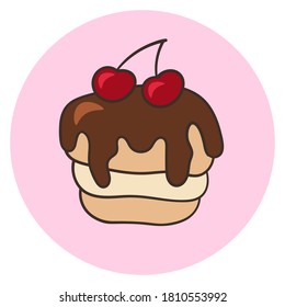 Sweet cake, cupcake with chocolate icing and cherry, on a pink background. Vector illustration