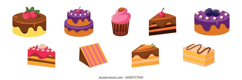 Sweet Cake and Cupcake Dessert with Cream Vector Set