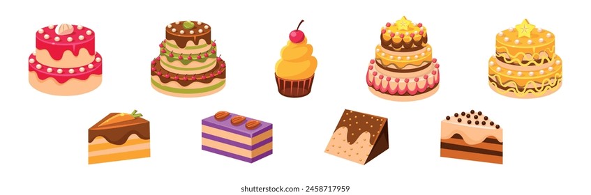 Sweet Cake and Cupcake Dessert with Cream Vector Set