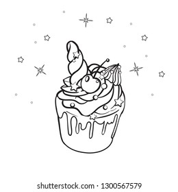 Sweet cake. Decorated sweetness. Dessert. Cupcake with powder. Coloring.