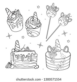 Sweet cake. Decorated sweetness. Dessert. Sweet magical set. Unicorn Sweets. 