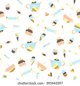 sweet cake. delicious candy. ice cream. hot chocolate. dessert. green tea. Golden spoon. Breakfast
