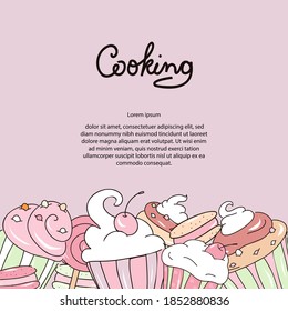 Sweet cake, delicious desserts, muffins with cream and cherries, pastry delicacies and macaroons. Copy space. Vector for design, typography cards and posters.