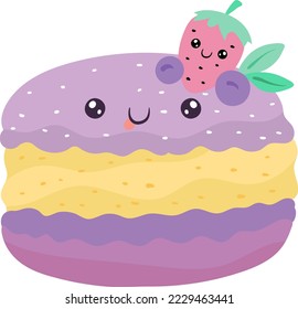Sweet cake, delicious food, bright funny kawaii, cartoon style, fresh bakery, design, flat vector illustration, isolated on white.
