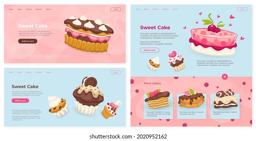 Sweet Cake, Dessert Pastry Concept, Vector Illustration. Delicious Chocolate Food From Bakery, Web Page Set. Tasty Confectionery Design, Business Confectionery, Landing Banner Design.