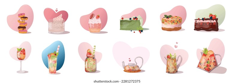 Sweet cake and drink set on a white background