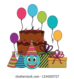 sweet cake with emoji and accessories of party