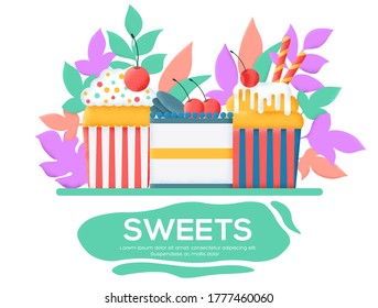 Volante de pastelitos dulces, revistas, afiches, portada de libros, pancartas. fondo de concepto de tarjetas de invitación. Textura del grano y efecto de ruido.