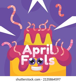Sweet cake full of worms April fool template Vector