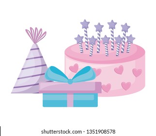 sweet cake with gift box and hat party