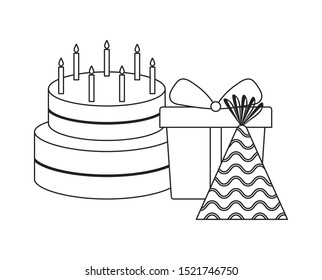 sweet cake with gift box and hat party vector illustration design
