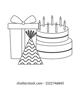 sweet cake with gift box and hat party vector illustration design