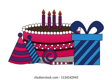 sweet cake with gift box present and accessories of party