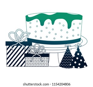 sweet cake and gift boxes and hats party isolated icon