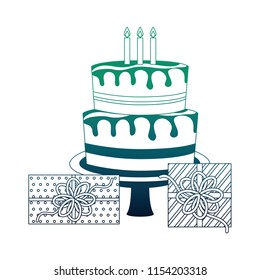sweet cake with gift boxes present isolated icon