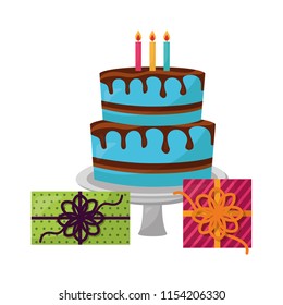 sweet cake with gift boxes present isolated icon