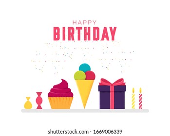 Sweet cake, gift and drinks concept on white background illustration. Vector Art grain textured style