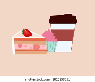 Pastel dulce y un vaso de café, una gráfica vectorial