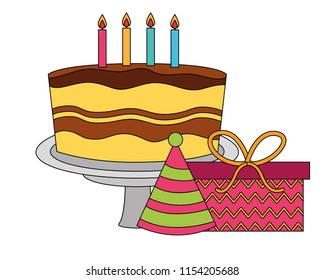 sweet cake with hat party and gift box present