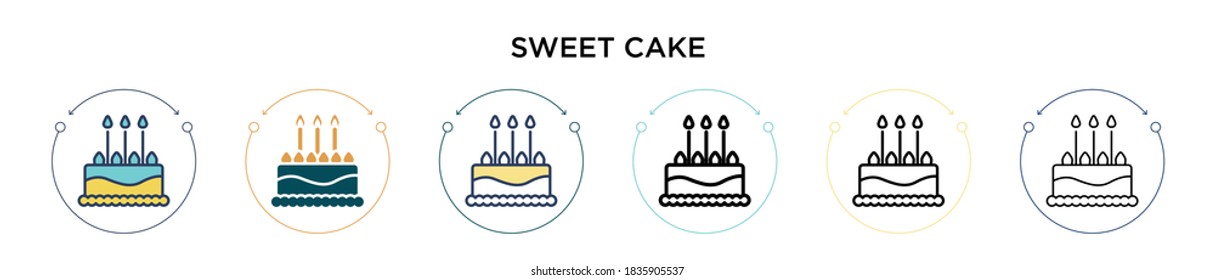 Sweet cake icon in filled, thin line, outline and stroke style. Vector illustration of two colored and black sweet cake vector icons designs can be used for mobile, ui, web