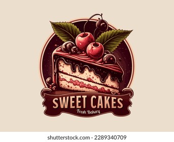 sweet cake logo with cherries for cakery and bakery template design vector Illustration 