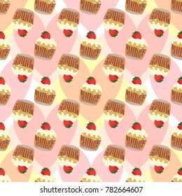 Sweet cake on heart background vector seamless pattern.