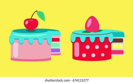 Sweet cake on the yellow background, vector illustration.