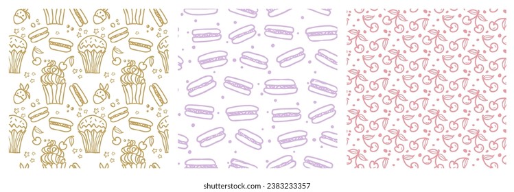 Sweet cake pastel seamless pattern set with desserts. Macaroon, muffin, pudding, cake with cherry and strawberry fruit. Hand drawn vector background for textile, fabric, scrapbook or wallpaper.