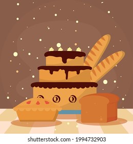 Sweet cake pie and bread on brown background