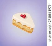 Sweet cake piece 3d. Dessert, birthday pie with cream and berries. Plasticine design element, realistic tasty food for party, cafe, restaurant, vector icon