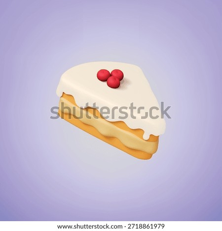 Sweet cake piece 3d. Dessert, birthday pie with cream and berries. Plasticine design element, realistic tasty food for party, cafe, restaurant, vector icon