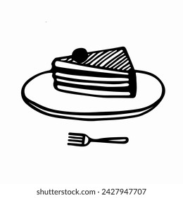 Sweet cake piece on the plate. Hand drawn doodle stock vector illustration on white background.