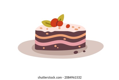 Sweet cake piece. Sugar chocolate dessert with cream and berry decor. Yummy pastry on plate. Confectionery food. Flat vector illustration of tasty confection isolated on white background