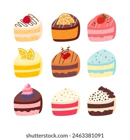 Sweet Cake Pieces Isolated on White Background. Cartoon Tasty Kids Desserts Collection. Vector Illustration of Delicious Cakes Set.