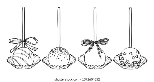Sweet cake pops on stick with sprinkles isolated on white background. Hand drawn vector illustrations set of cake pops collection in engraving style.