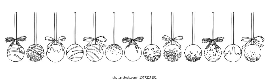 Sweet cake pops on stick with sprinkles isolated on white background. Hand drawn vector illustrations set of cake pops collection in engraving style.